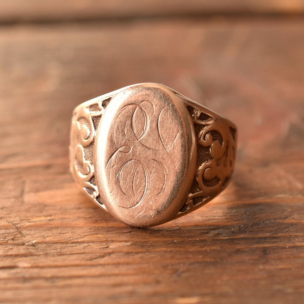 1890s 10K Antique Victorian Large Cigar Style Signet Ring Engraved "ES" in Rose Gold