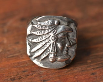 Sterling Silver Heavy Vintage Inspired Heavy Well Made "Mexico" Biker Souvenir Style Ring with Aztec Warrior Top