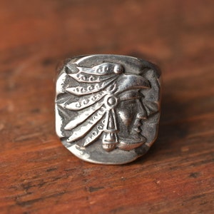 Sterling Silver Heavy Vintage Inspired Heavy Well Made &quot;Mexico&quot; Biker Souvenir Style Ring with Aztec Warrior Top