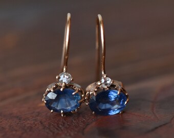 1880s 14K Antique Sapphire and Rose Cut Diamond Earrings in Yellow Gold