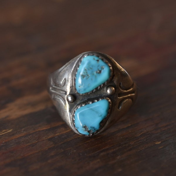 1970s Vintage 1970s Old Pawn Native Made Two Stone Turquoise Stamped Ring in Sterling Silver
