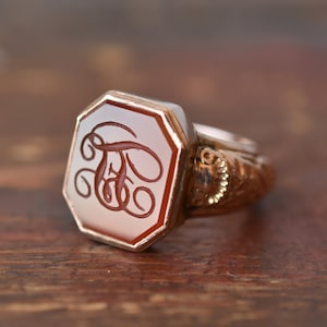 1840s 14K Antique Georgian Carnelian Intaglio &quot;FS&quot; Wax Seal Signet Ring in Yellow Gold