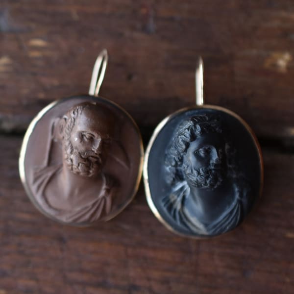 1850s 14K & 10K Antique Lava Cameo Earrings of Zeus and Hades in Yellow Gold