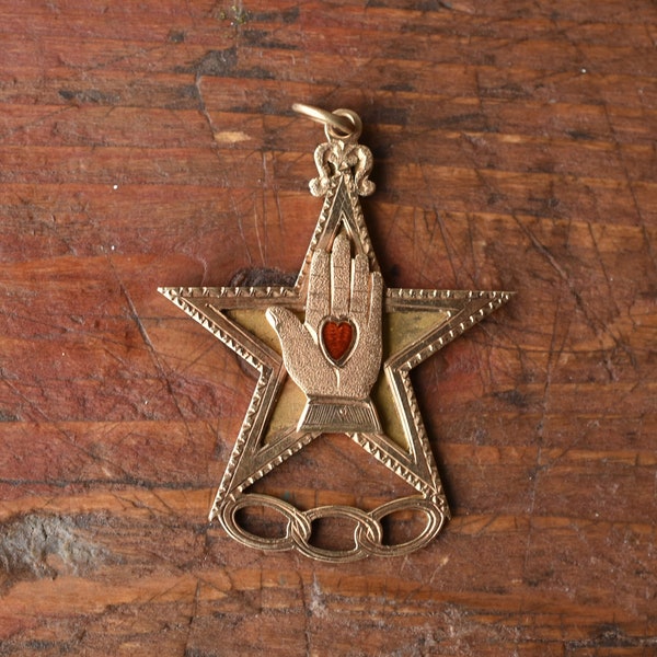 1890s 10K Antique Star Shaped Odd Fellows Enamel Heart Fob Pendant Charm Engraved "May 11 1892" in Rose Gold