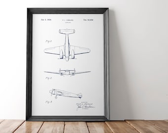 Airplane Patent Poster | Lockheed Electra Airplane Patent Poster | Patent Art | Blueprint Art | Patent Wall Art | Airplane Patent Print |