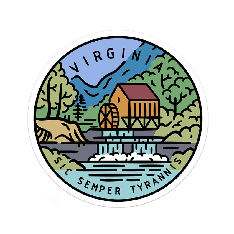 May include: A colorful illustration of a gristmill with a waterfall, surrounded by trees and mountains. The text "VIRGINIA" is at the top of the circle and "SIC SEMPER TYRANNIS" is at the bottom.