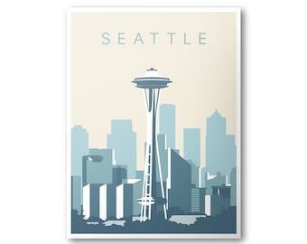 Puede incluir: Un póster de estilo retro con la palabra "SEATTLE" en letras blancas en negrita en la parte superior. El póster presenta una silueta azul del horizonte de Seattle con la Space Needle como punto focal.