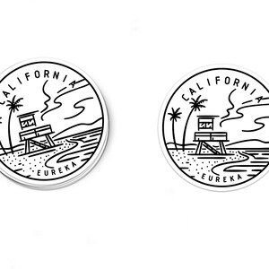 May include: Black and white sticker with a lifeguard tower, palm trees, and the text "CALIFORNIA EUREKA" in a circle.