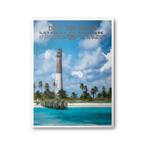 May include: A vintage-style poster for Dry Tortugas National Park, featuring a lighthouse on a small island with palm trees and a blue sky with white clouds. The poster includes the text "Dry Tortugas National Park, U.S. Department of the Interior, National Park Service."