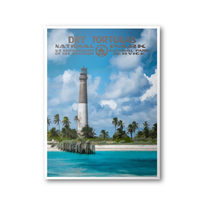 May include: A vintage-style poster for Dry Tortugas National Park, featuring a lighthouse on a small island with palm trees and a blue sky with white clouds. The poster includes the text "Dry Tortugas National Park, U.S. Department of the Interior, National Park Service."
