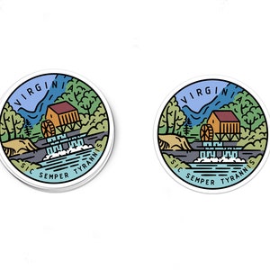 May include: A round sticker with a blue, green, and brown illustration of a watermill in a forest setting. The text "VIRGINIA SIC SEMPER TYRANNIS" is written around the edge of the sticker.