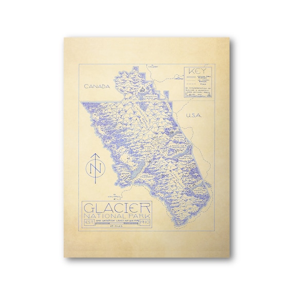 Glacier National Park Map Hand Drawn Print - Etsy