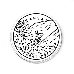 May include: Black and white illustration of a mountain range with the text "ARKANSAS REgnat Populus" around the perimeter.