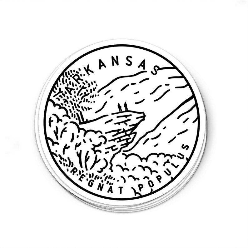 May include: Black and white illustration of a mountain range with the text "ARKANSAS REgnat Populus" around the perimeter.