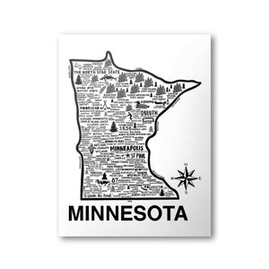 May include: A black and white illustration of the state of Minnesota with text highlighting various cities, landmarks, and points of interest. The text includes "The North Star State", "Explore Minnesota", "Land of 10,000 Lakes", "Minneapolis", "St. Paul", "Duluth", "Hibbing", and "Rochester".