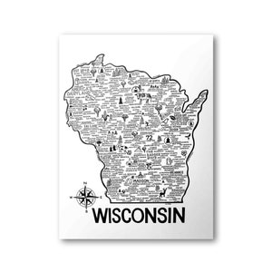 May include: A black and white map of Wisconsin, USA, with detailed illustrations of cities, landmarks, and the text "WISCONSIN" at the bottom. The map includes a compass rose and the text "AMERICA'S DAIRYLAND".