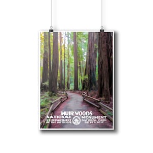May include: A vintage-style poster for Muir Woods National Monument. The poster features a painting of a path winding through a grove of tall redwood trees. The text on the poster reads "Muir Woods National Monument, U.S. Department of the Interior, National Park Service."