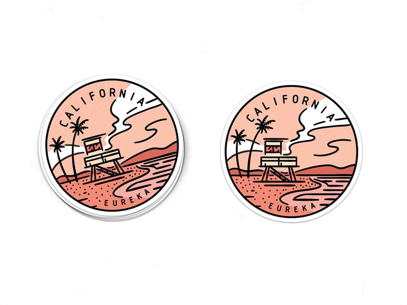 May include: Two round stickers with a California beach scene. The stickers feature a lifeguard tower, palm trees, and the words "California" and "Eureka".