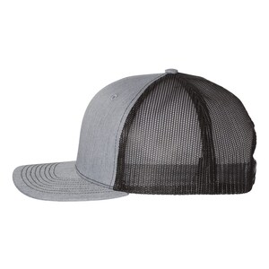 May include: A gray and black trucker hat with a flat brim. The front panels and brim are gray, while the back is black mesh. The hat has a structured, classic design.