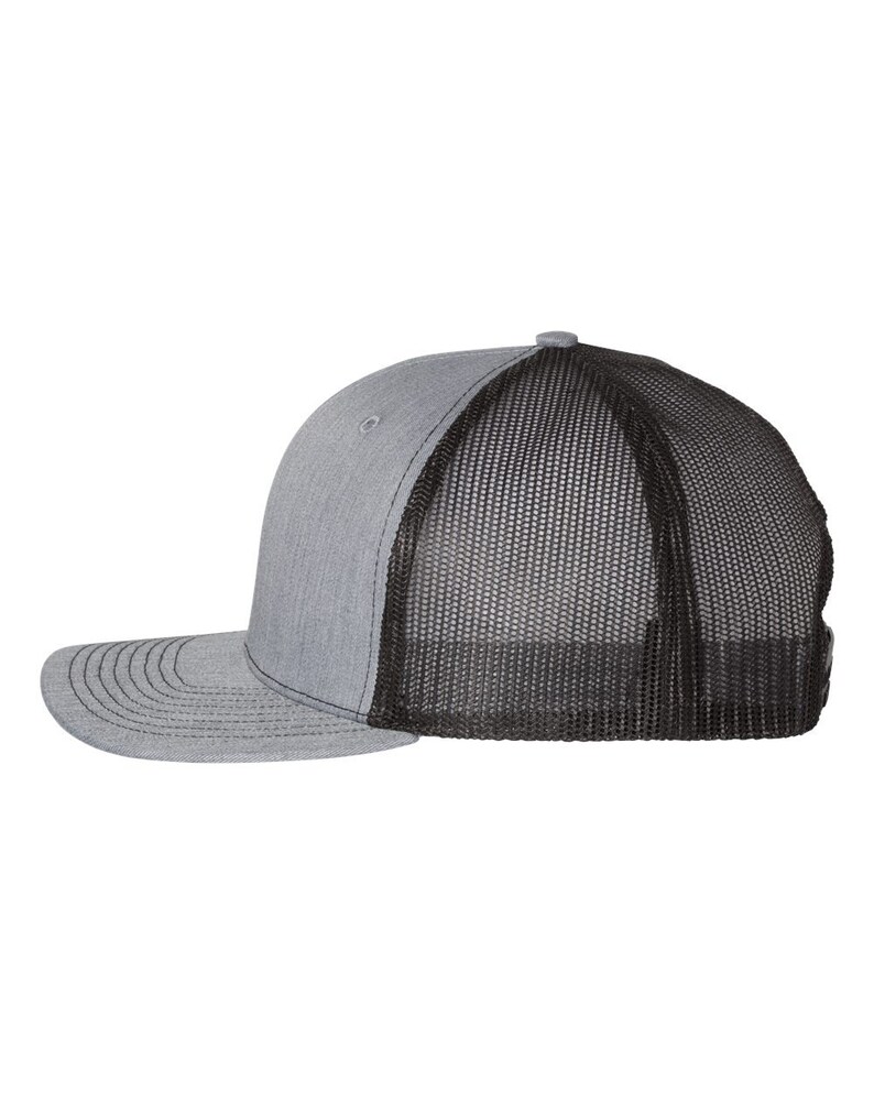 May include: A gray and black trucker hat with a flat brim. The front panels and brim are gray, while the back is black mesh. The hat has a structured, classic design.
