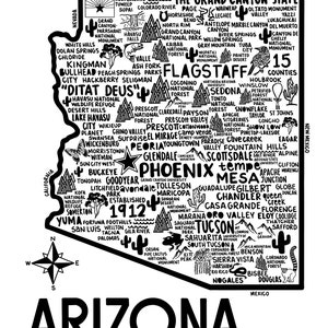 May include: A black and white map of Arizona with the state's name in large bold letters at the bottom. The map is filled with illustrations of landmarks, cities, and national parks. The Grand Canyon State is written at the top of the map.