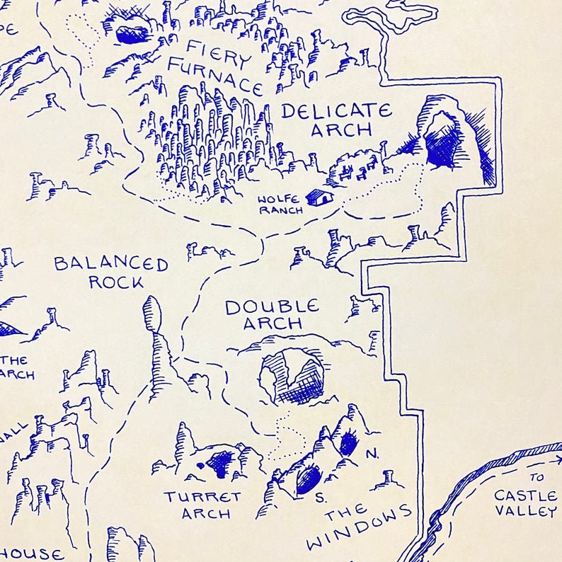 Arches National Park Map Hand Drawn Print - Etsy