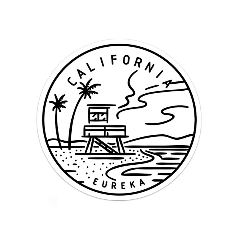 May include: Black and white illustration of a lifeguard tower on a beach with palm trees, waves, and the text "CALIFORNIA EUREKA".