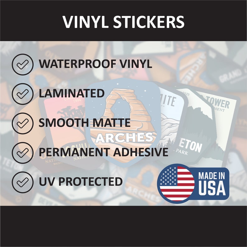 May include: Waterproof vinyl stickers with a smooth matte finish and permanent adhesive. The stickers feature a variety of national park designs, including Arches National Park, Yosemite National Park, and Grand Teton National Park. The stickers are UV protected and made in the USA.