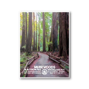 May include: A vintage-style poster for Muir Woods National Monument. The poster features a painting of a path winding through a grove of tall redwood trees. The text on the poster reads "Muir Woods National Monument, U.S. Department of the Interior, National Park Service."