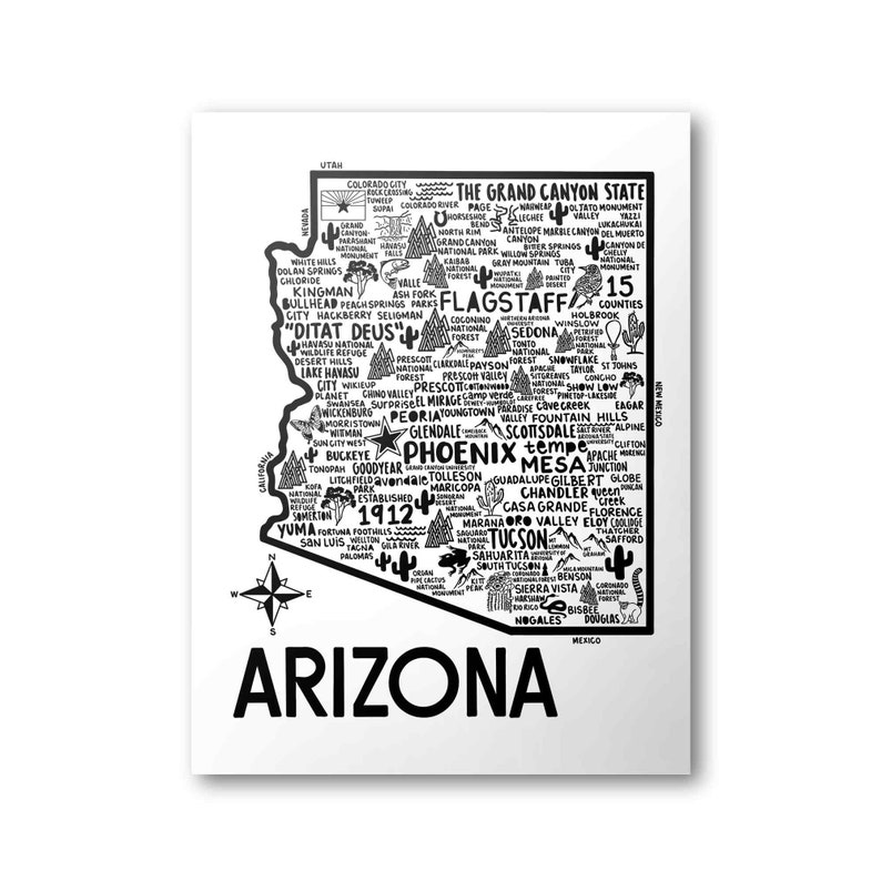 May include: A black and white map of Arizona with the state's name in large bold letters at the bottom. The map is filled with the names of cities, towns, and points of interest throughout the state. The Grand Canyon State is written at the top of the map.