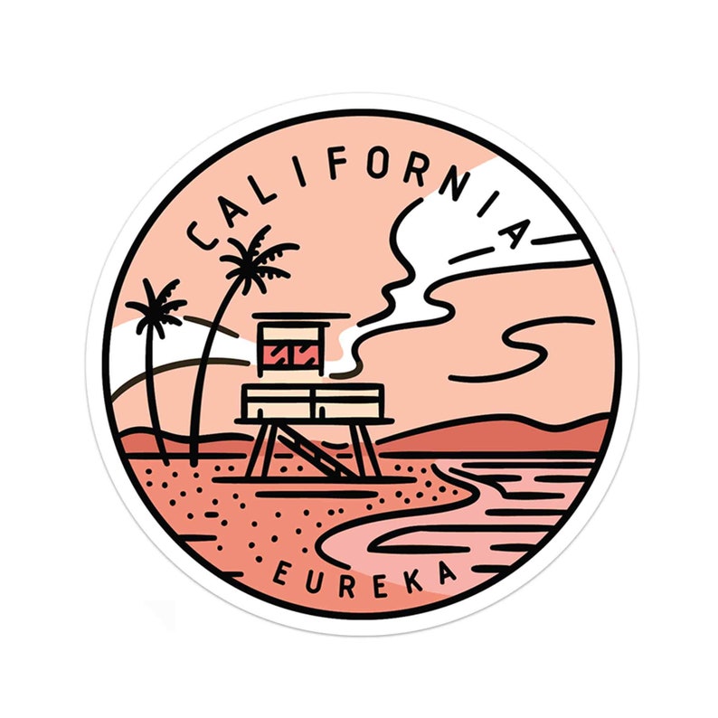 May include: A round sticker with a pink and white sunset scene. The sticker features a lifeguard tower, palm trees, and the words "CALIFORNIA EUREKA" in black text.