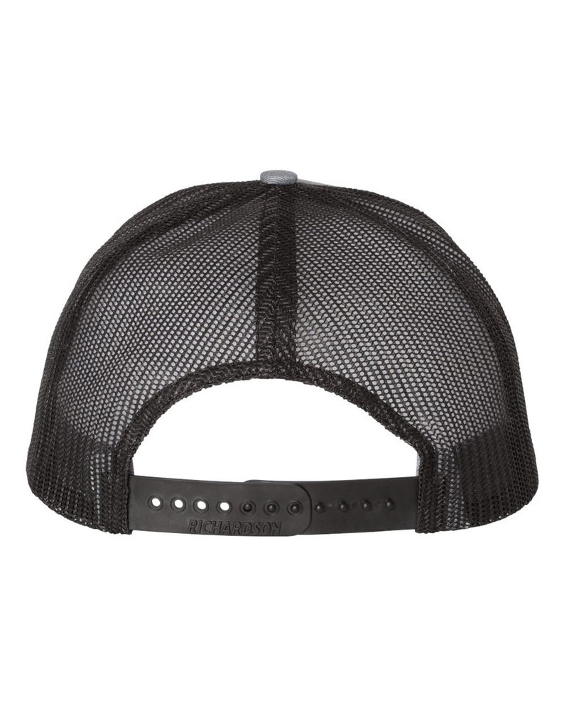 May include: A black trucker hat with a gray top and a black mesh back. The adjustable strap features the brand name "RICHARDSON". This hat is a classic accessory for casual wear.