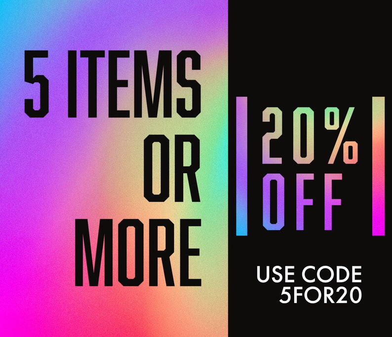May include: A promotional graphic with a vibrant, multicolored gradient background. Bold black text reads "5 ITEMS OR MORE" on the left, with "20% OFF" on the right. The text "USE CODE 5FOR20" is at the bottom.