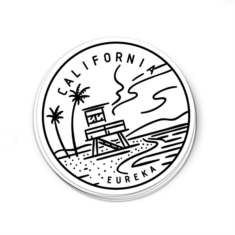 May include: Black and white illustration of a lifeguard tower on a beach with palm trees and the words "CALIFORNIA EUREKA" in a circle.