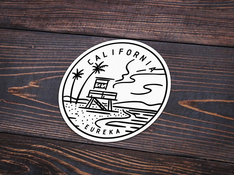 May include: Black and white sticker with a lifeguard tower, palm trees, and the words "California Eureka" on a white background.