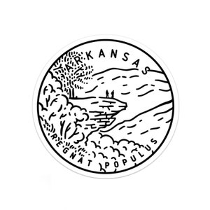 May include: Black and white line art illustration of a scenic landscape with a tree, a cliff, and people standing on top of the cliff. The text "ARKANSAS" is written in a circle around the image, with the words "REGNAT POPULUS" written below the image.