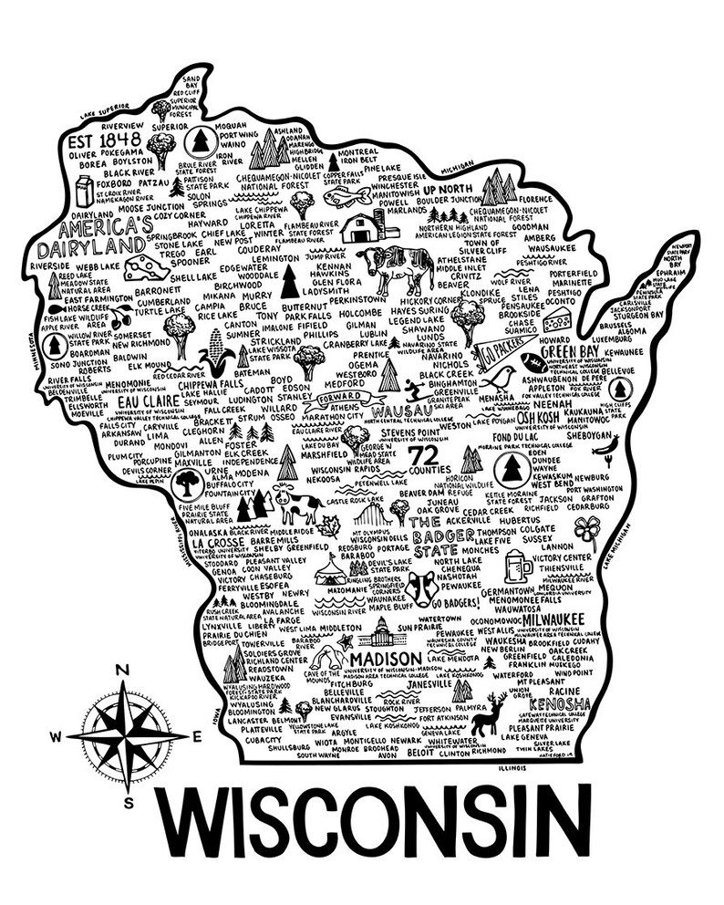 May include: Black and white map of Wisconsin with cities, towns, and landmarks labeled. A compass rose is in the lower left corner, and the word "WISCONSIN" is at the bottom.