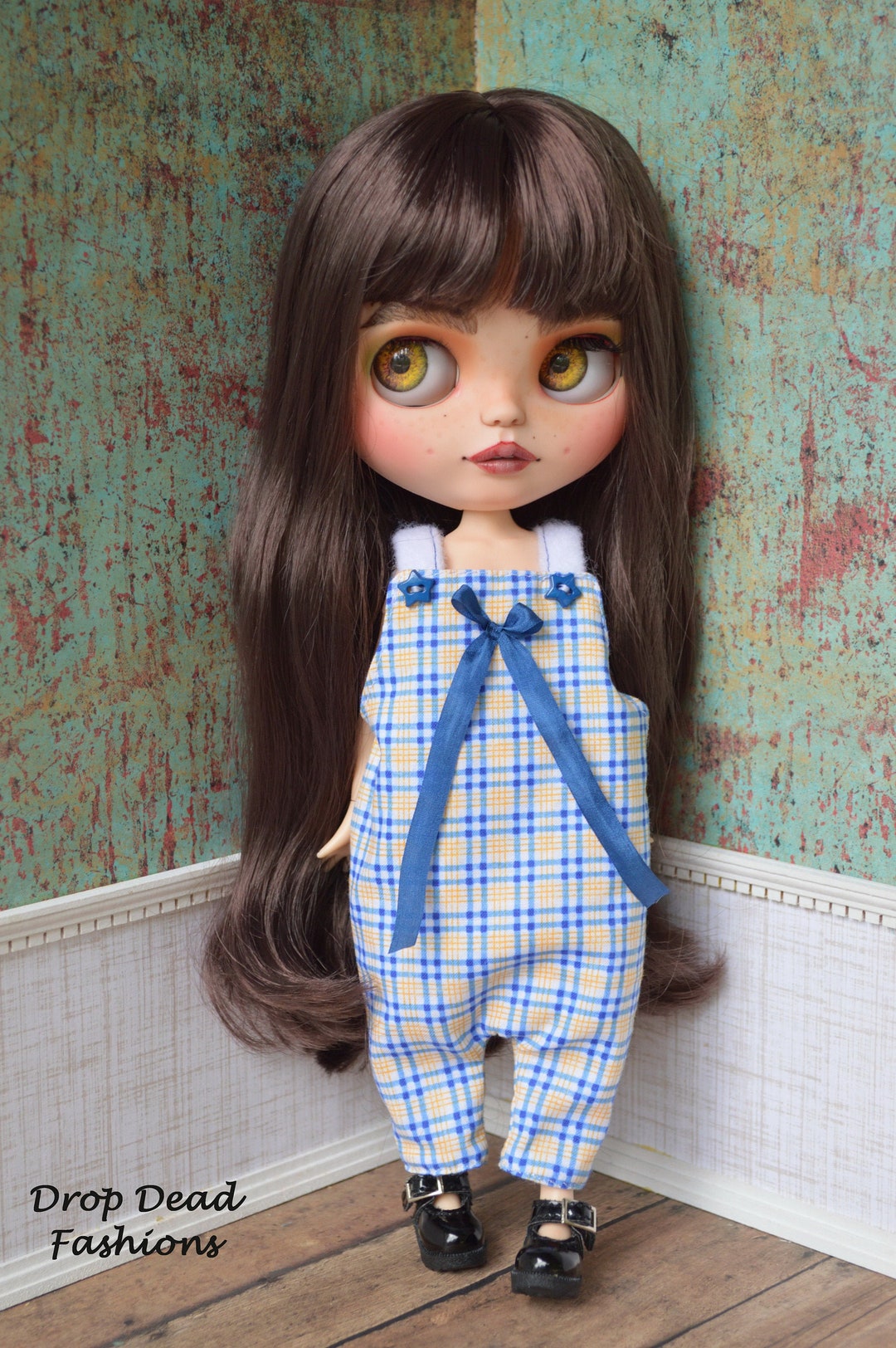 Blythe/icy/pullip Blue/yellow Box Pattern Jumpsuit, Romper