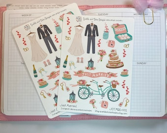 May include: A sheet of wedding-themed stickers featuring a bride and groom, a bicycle, a cake, flowers, and other wedding-related imagery. The stickers are printed on white paper and have a glossy finish. The text "Just Married" is printed on the sheet in a pink banner.
