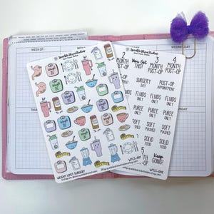 May include: Two sticker sheets with colorful illustrations of food, kitchen appliances, and the words "Weigh In" and "Weight Loss Surgery." One sheet has post-op instructions. The stickers are on a pink planner with a purple bow paper clip.