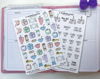 May include: Two sticker sheets with colorful illustrations of food, kitchen appliances, and the words "Weigh In" and "Weight Loss Surgery." One sheet has post-op instructions. The stickers are on a pink planner with a purple bow paper clip.