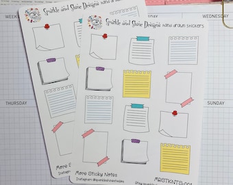 May include: A sheet of stickers featuring various hand-drawn sticky note designs. The stickers are white with black outlines and include lined and blank options. Some stickers have a small piece of tape on them. The text "Sparkle and Shine Designs" is at the top of the sheet.