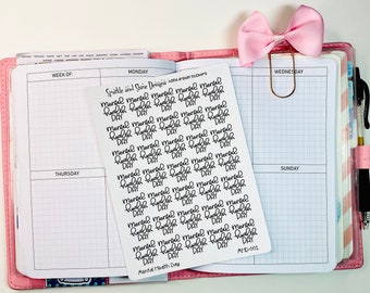 May include: A sheet of stickers with the text "Mental Health Day" repeated multiple times in a handwritten font. The stickers are white with black text and are arranged in a grid pattern. The sheet is labelled "Sparkle and Shine Designs hand drawn stickers" and "MD-001".