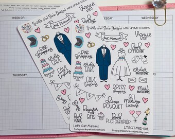 May include: Two sheets of stickers with illustrations for a wedding. The stickers are on a pink and white planner. The stickers include illustrations of a bride and groom, cake tasting, ring shopping, and other wedding related activities. The text on the stickers says "Sparkle and Shine Designs hand drawn stickers" and "Let's Get Married".