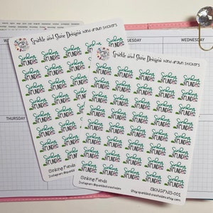 May include: Two sheets of stickers with the words "Sinking Funds" in a green and white font. The stickers are arranged in a grid pattern and are perfect for planners and journals.