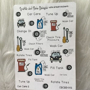 May include: A sheet of stickers with hand-drawn illustrations of car maintenance tasks. The stickers feature a variety of car parts, tools, and actions, such as changing oil, rotating tires, checking tire pressure, and filling the gas tank. The stickers are designed in a cartoon style with bright colors and simple lines.