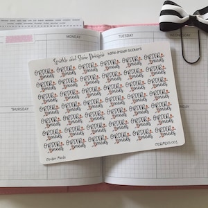 May include: A sheet of 36 stickers with the text "Order Meds" and a cartoon illustration of a medicine bottle. The stickers are white with black text and brown and orange illustrations. The sheet is labeled "Sparkle and Shine Designs" and "hand drawn stickers".
