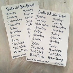 May include: Two white sheets of paper with black text. The text includes the words "Sparkle and Shine Designs" and lists the days of the week, "Notes", "This Week", "Next Week", and "Brain Dump".