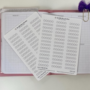 May include: Two white sticker sheets with black outlined star graphics for rating reviews. The stickers are labeled "Five Star Rating" and include the text "Sparkle Shine Studios". The stickers are on a planner with a purple bow and gold paper clip.