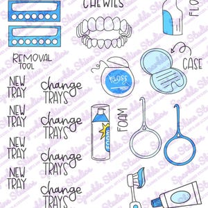 May include: A set of black and white illustrations for a teeth aligner system. The illustrations include a tray, a case, a flosser, a toothbrush, toothpaste, chewies, and text that says "New Tray", "Change Trays", "Clean Trays", "Removal Tool", and "Floss".
